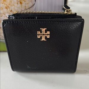 Tory Burch Black Wallet with Gold Logo and Zipper Closure